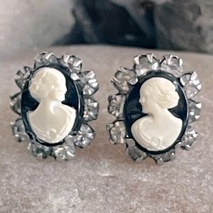 Vintage Black Cameo with Rhinestone Earrings
